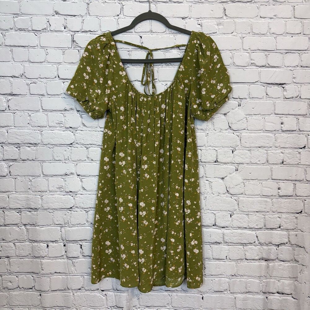 Anna Nata Maisy Olive Wildflower Mini Dress Women XS Square Neck Puff Sleeve